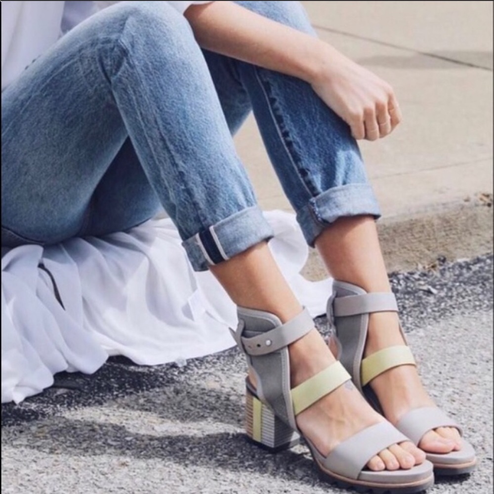 Sorel Addington Gray and Yellow Block Heel Sandals